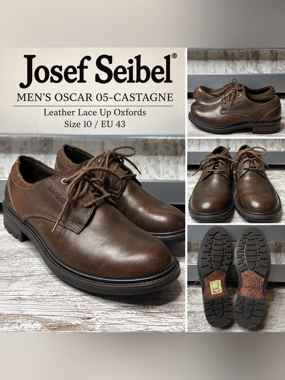 Josef Seibel Oscar 05 Castagne Men’s Size 10 EU 43 Brown Leather Oxford Shoes